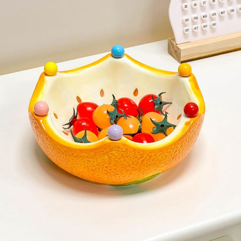 Ceramic Fruit Bowl Cute Orange-Shaped Home Fruit Rack with 6 Spoon Decorative Bowl for Kitchen, Living Room, Bedroom, Office & Countertop (Orange)