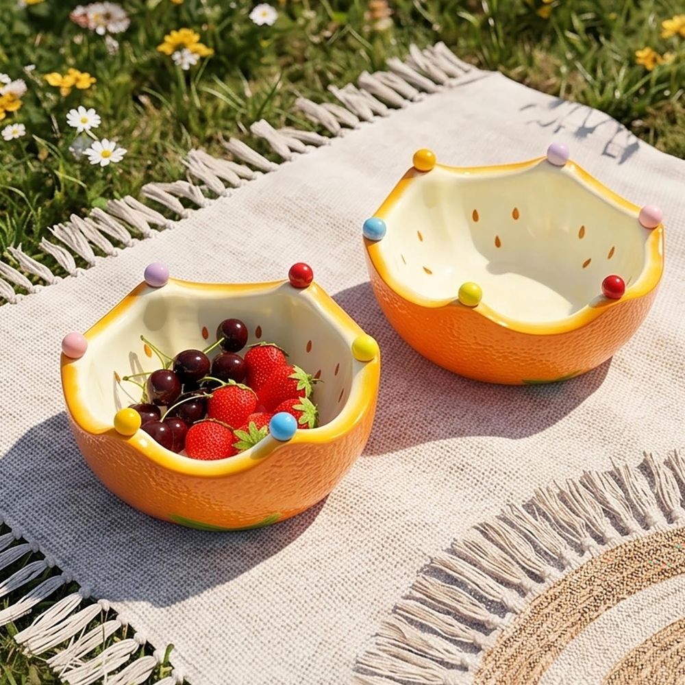 Ceramic Fruit Bowl Cute Orange-Shaped Home Fruit Rack with 6 Spoon Decorative Bowl for Kitchen, Living Room, Bedroom, Office & Countertop (Orange)