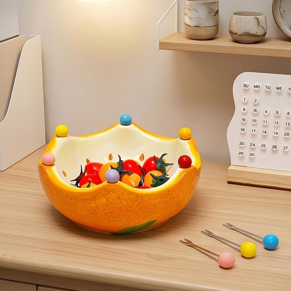Ceramic Fruit Bowl Cute Orange-Shaped Home Fruit Rack with 6 Spoon Decorative Bowl for Kitchen, Living Room, Bedroom, Office & Countertop (Orange)