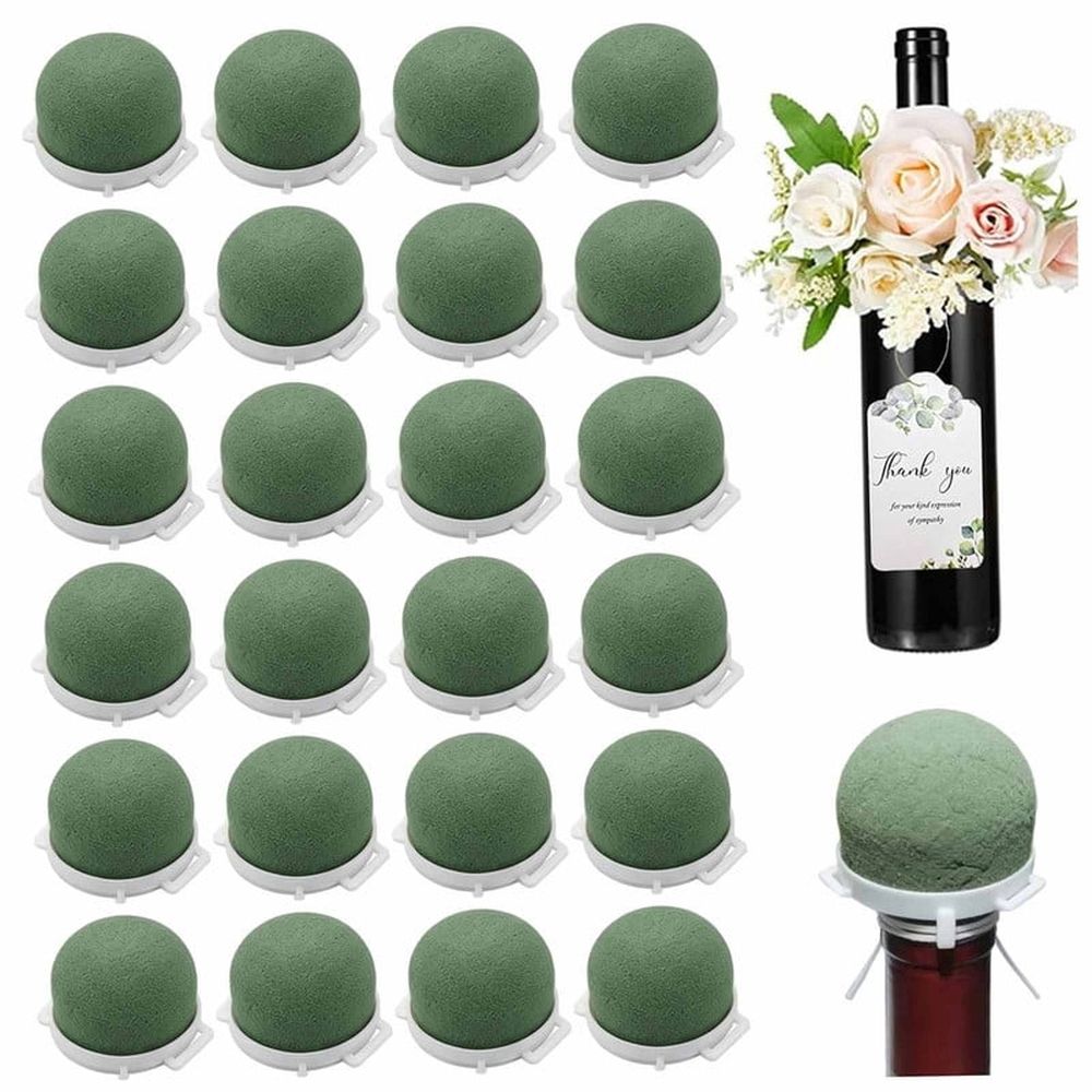 Mini Floral Foam, 24PCS Round Floral Foam for Wine Bottle, Half-Sphere Flower with Adhesive Base, Quick Water Absorption for Wedding, Party, Home Decor (Green)