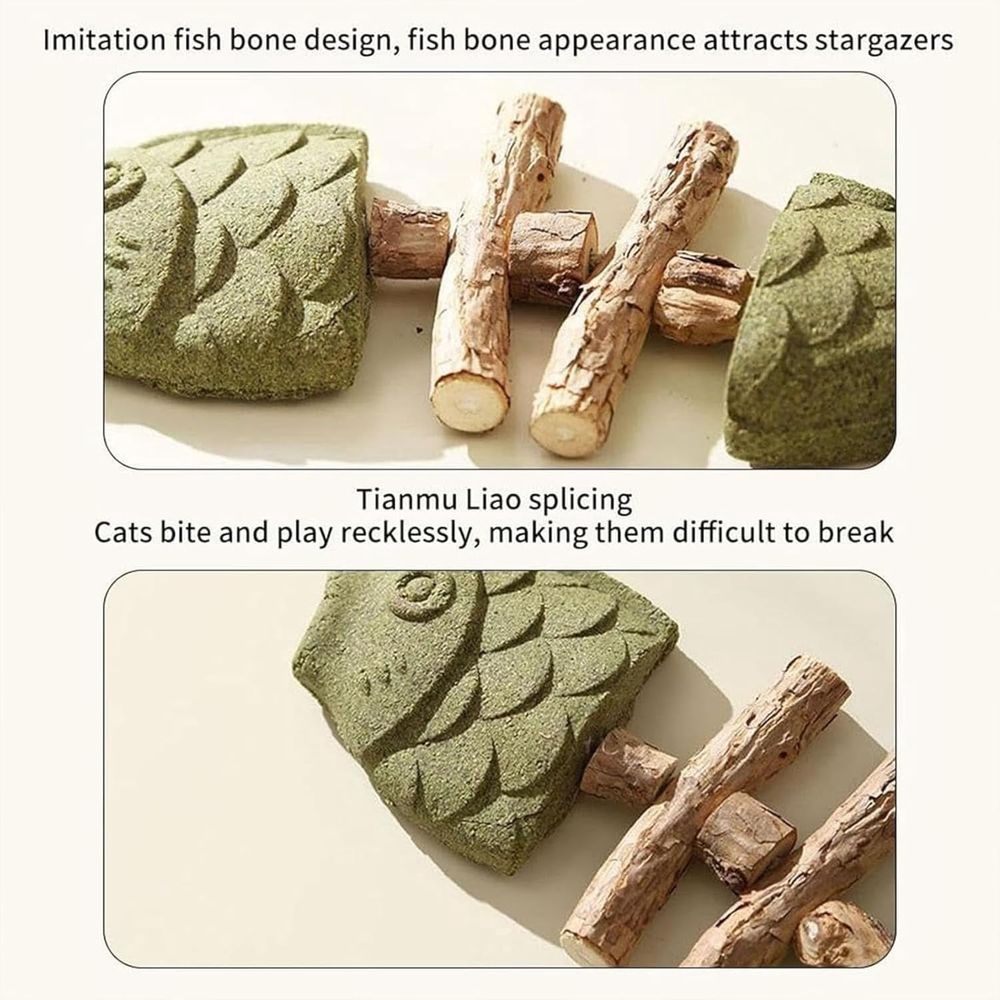 Chew, Natural Fishbone Wooden Cat Dental Chew Toy, Teeth Cleaning Stick Improves Cat Oral Health, Interactive Kitten Chewing Play Toy for All Breeds Cats (1, 3pcs)