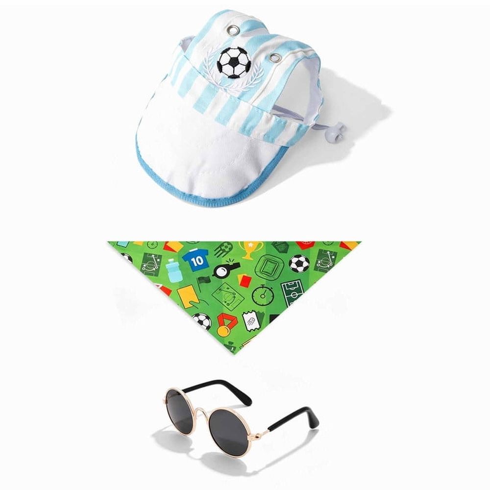 3PCS Pet Costume Football Cup Theme Pet Hat & Bandana Set, Dog Cat Soccer Football Cap with Ear Holes, Adjustable Sun Visor for Dogs & Cats (Blue, Small)