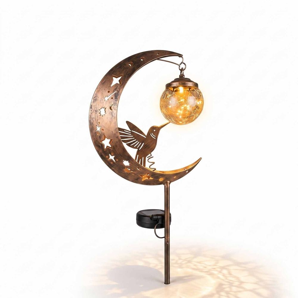 Hummingbird Moon Solar Garden Stake Light, Solar Garden Lights Outdoor Decorative, Waterproof Pathway Light with Crackle Glass Globe, for Walkway Flower Bed Lawn Yard Patio