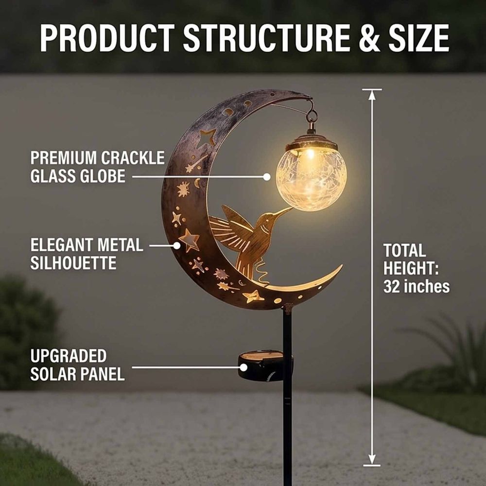 Hummingbird Moon Solar Garden Stake Light, Solar Garden Lights Outdoor Decorative, Waterproof Pathway Light with Crackle Glass Globe, for Walkway Flower Bed Lawn Yard Patio