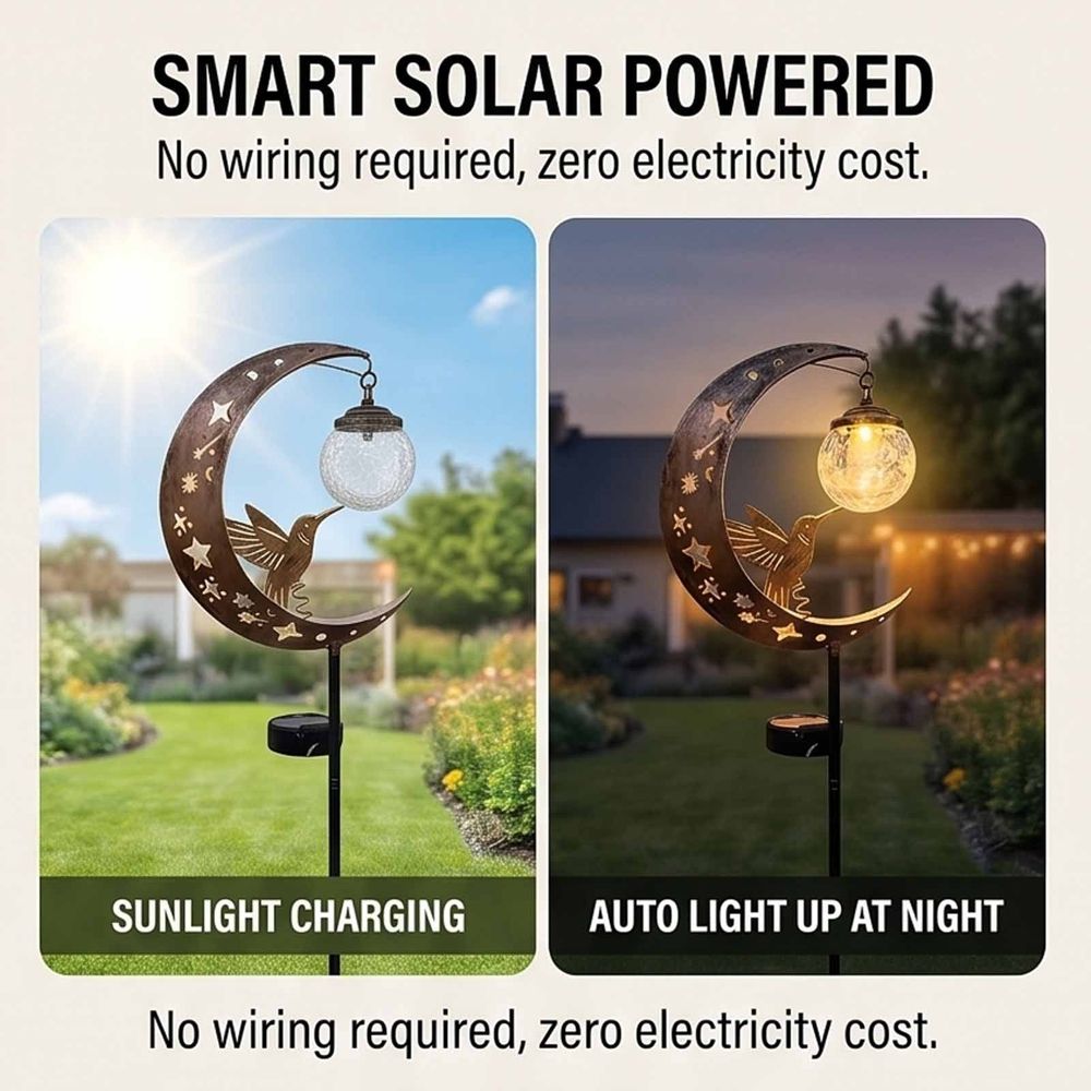 Hummingbird Moon Solar Garden Stake Light, Solar Garden Lights Outdoor Decorative, Waterproof Pathway Light with Crackle Glass Globe, for Walkway Flower Bed Lawn Yard Patio