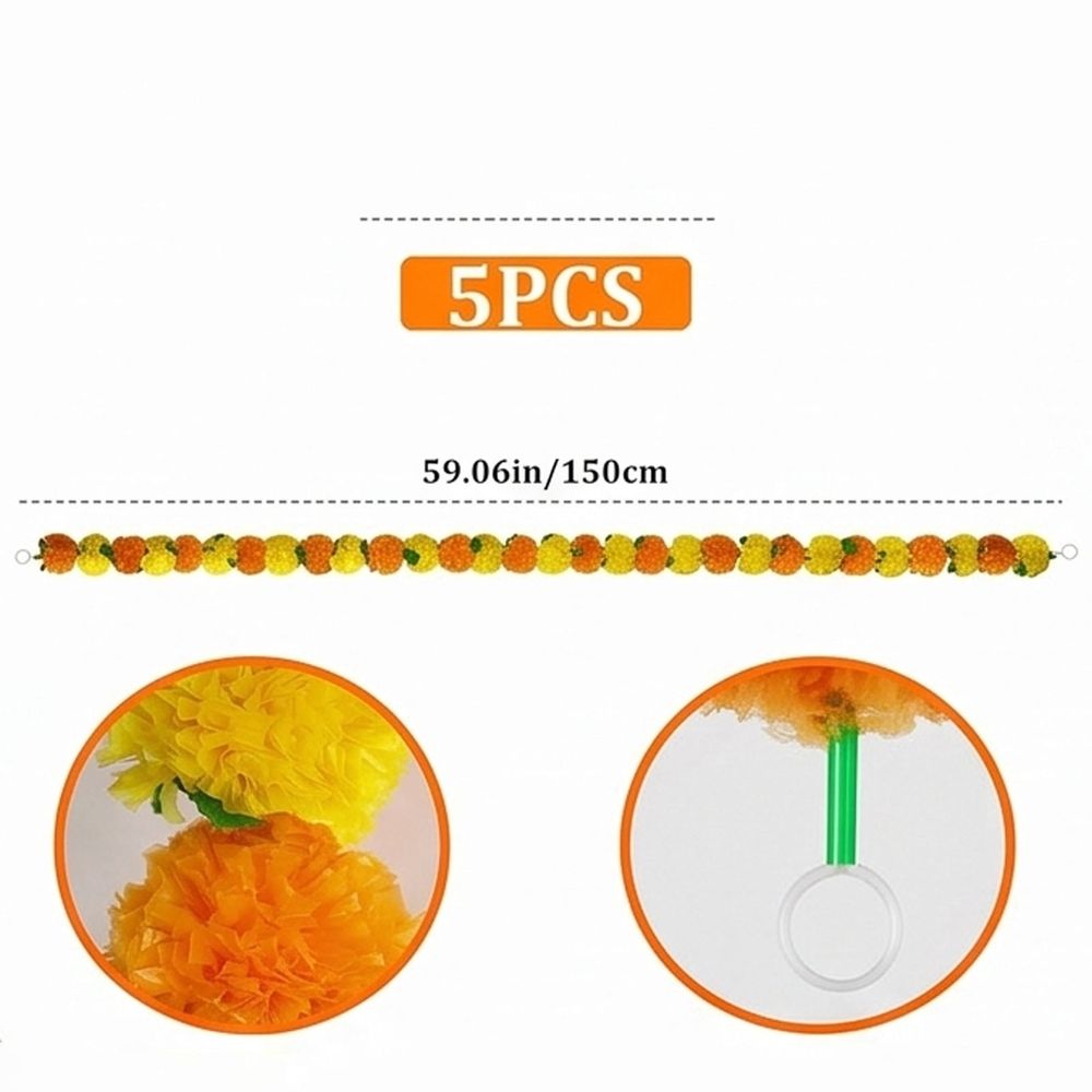 5Pcs Marigold Garland 5ft Orange and Yellow Artificial Flowers Water Resistant for Diwali Home Decoration