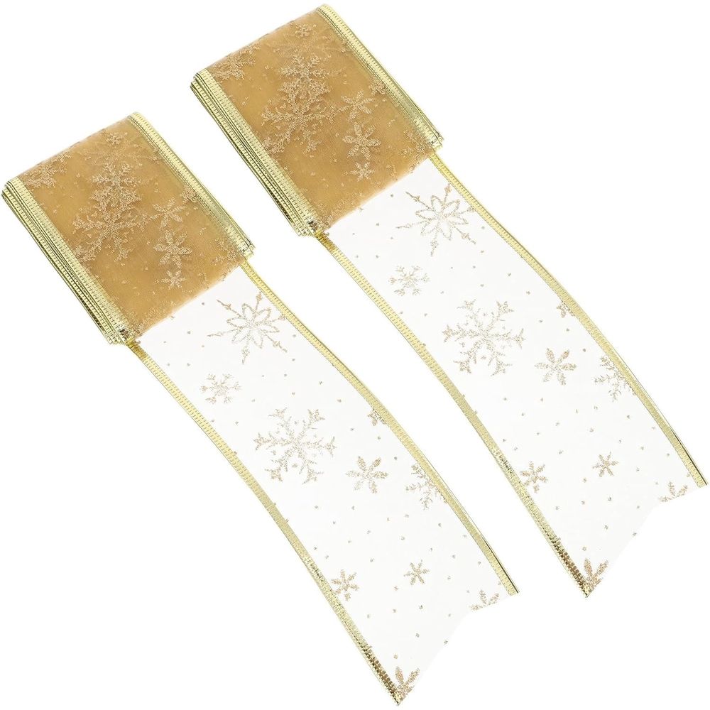 2pcs Sheer Glitter Gold Ribbon Roll for Christmas Tree Staircase Decor - Flexible Cloth Trim, Glittered Edges, Festive Holiday
