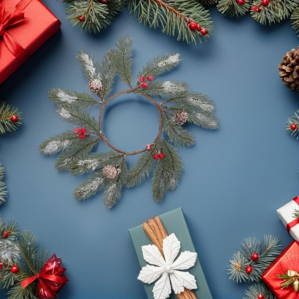 4PCS Advent Candle Ring Wreath with Fake Pine Cones, Easy Installation Plastic Wire Wood Build for Holiday Season Décor