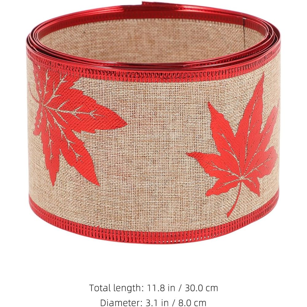 2M Christmas Maple Leaf Wrapping Ribbon - Polyester Wired Red Festive Design for Tree Home Decoration and Gift Wrapping