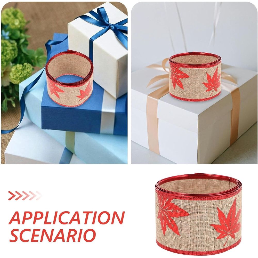2M Christmas Maple Leaf Wrapping Ribbon - Polyester Wired Red Festive Design for Tree Home Decoration and Gift Wrapping