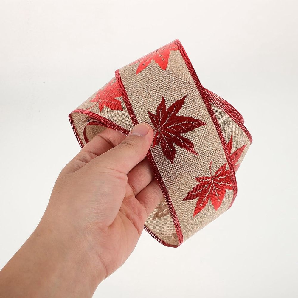2M Christmas Maple Leaf Wrapping Ribbon - Polyester Wired Red Festive Design for Tree Home Decoration and Gift Wrapping