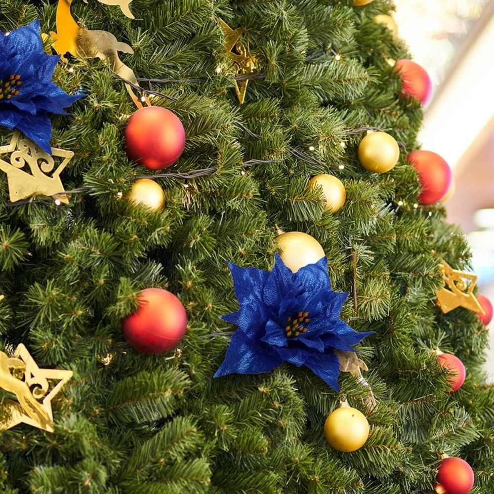 10PCS Artificial Xmas Flower PE Blue Christmas Tree Ornaments, Festive Holiday Decor Accessories