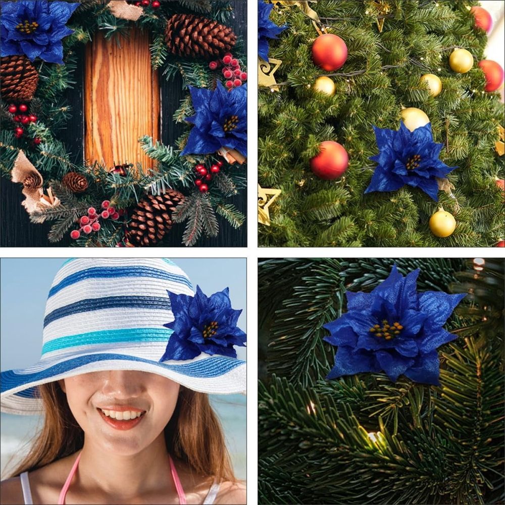 10PCS Artificial Xmas Flower PE Blue Christmas Tree Ornaments, Festive Holiday Decor Accessories