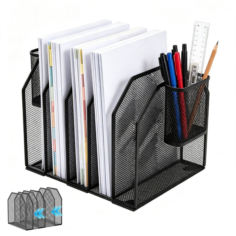 Black 7 Section Desktop File Sorter, Easy to Assemble, Sturdy and Lightweight for Letter A4 Folder Paper Book Office Classroom Home