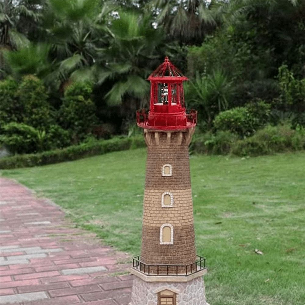 LED Solar Powered Lighthouse, 360 Degree Rotating Lamp Courtyard Decoration Waterproof Garden Towers Statue Lights A