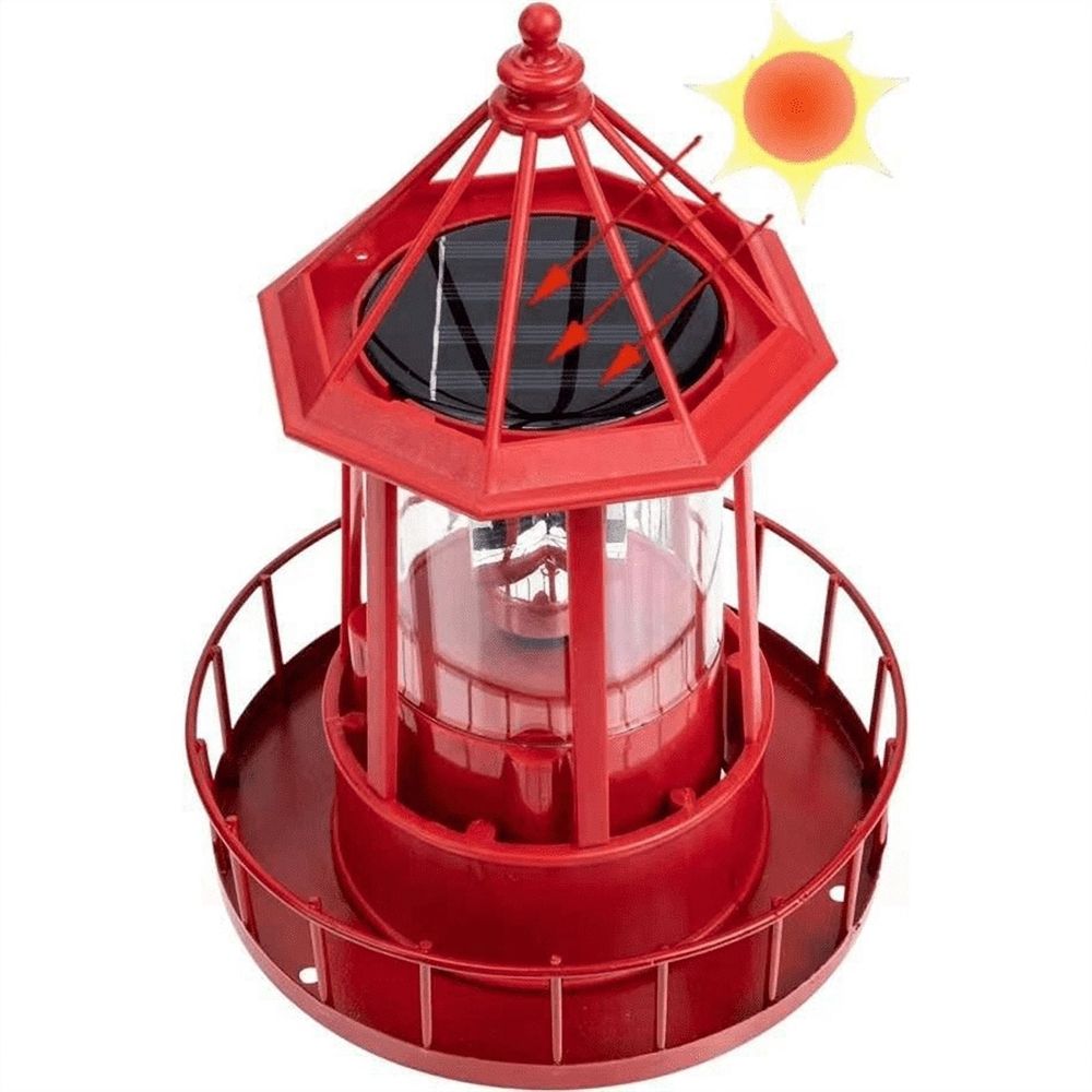LED Solar Powered Lighthouse, 360 Degree Rotating Lamp Courtyard Decoration Waterproof Garden Towers Statue Lights A