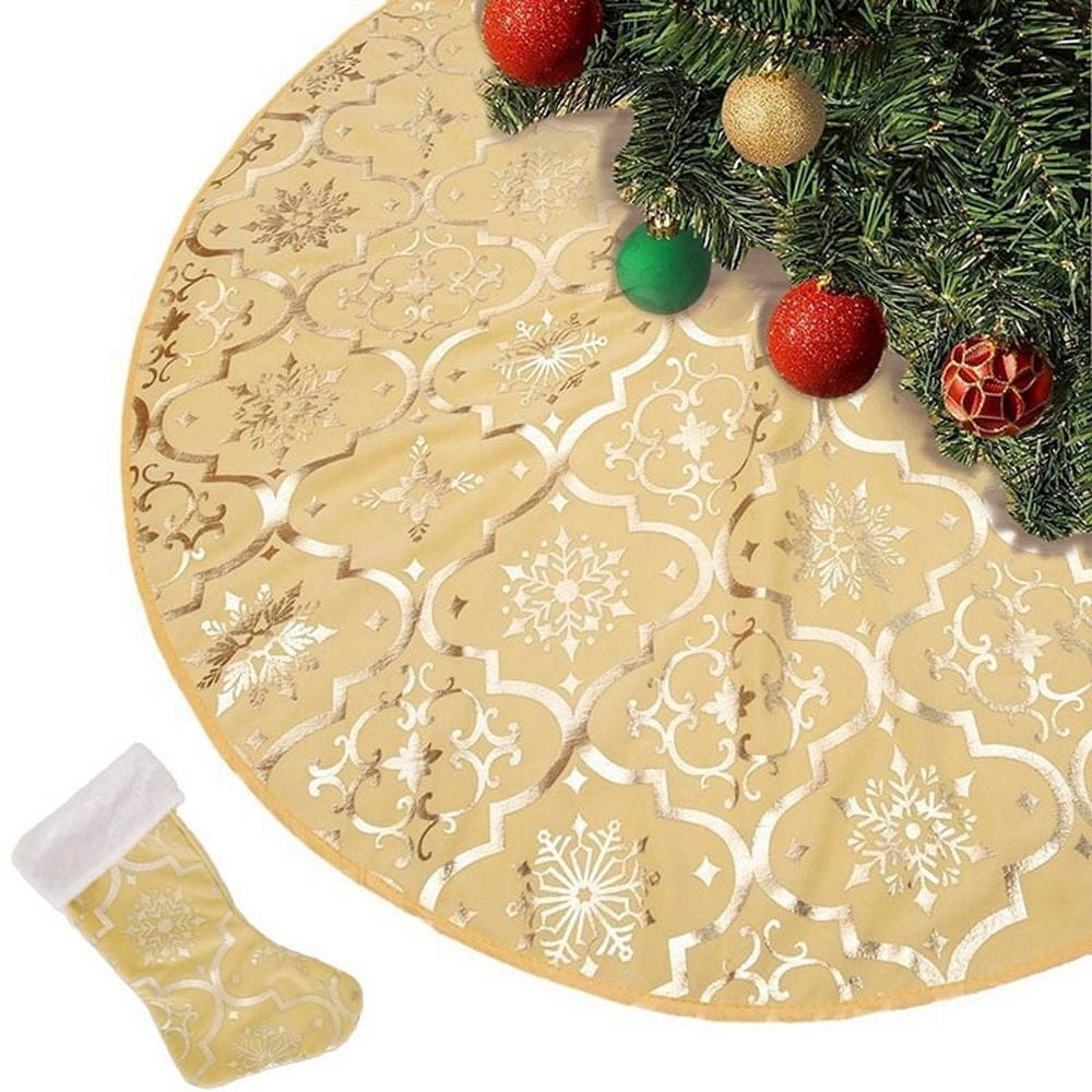 48 Inch Christmas Tree Skirt Xmas Soft Cover Mat Decor Snowflake Collar Farmhouse Tree Skirt,Gold