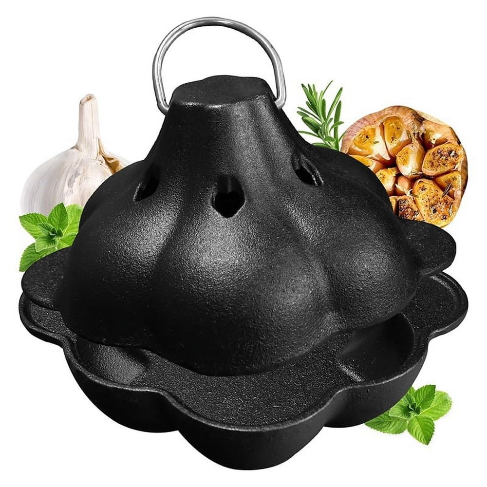 Garlic Roaster Cast Iron Pan with Dual Handles for Grill and BBQ, Pre-Seasoned, Oven Safe