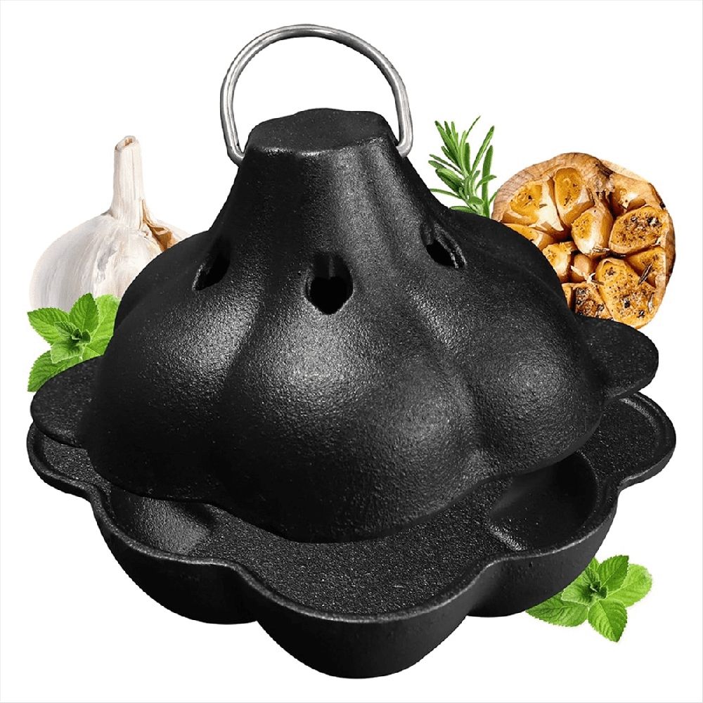 Garlic Roaster Cast Iron Pan with Dual Handles for Grill and BBQ, Pre-Seasoned, Oven Safe