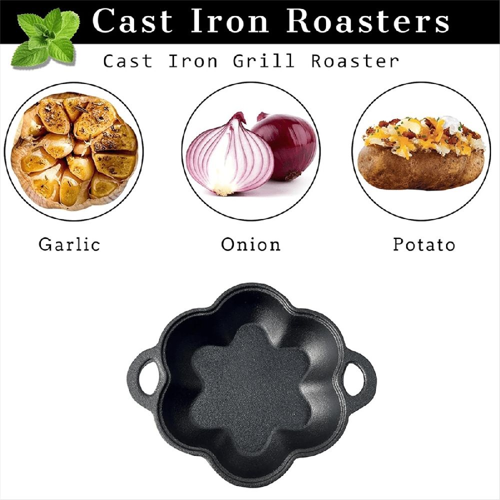 Garlic Roaster Cast Iron Pan with Dual Handles for Grill and BBQ, Pre-Seasoned, Oven Safe