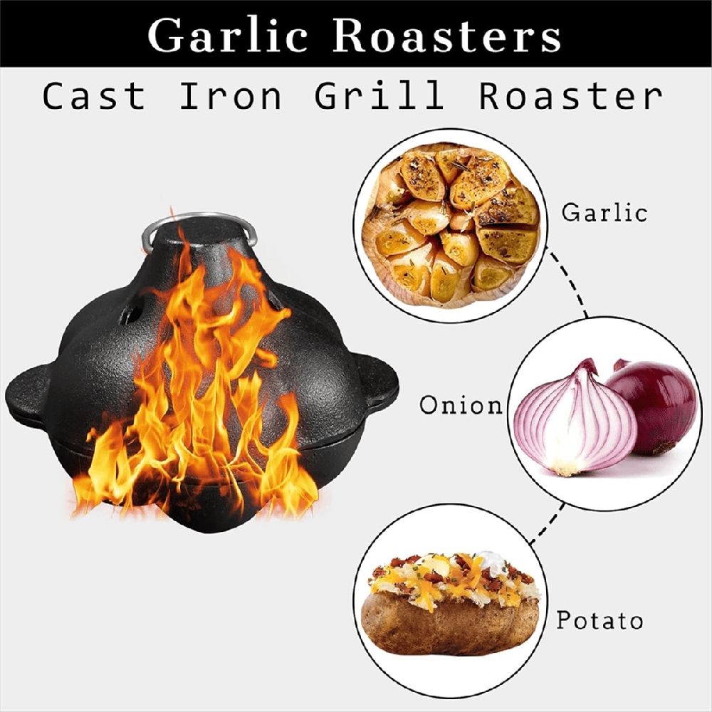 Garlic Roaster Cast Iron Pan with Dual Handles for Grill and BBQ, Pre-Seasoned, Oven Safe