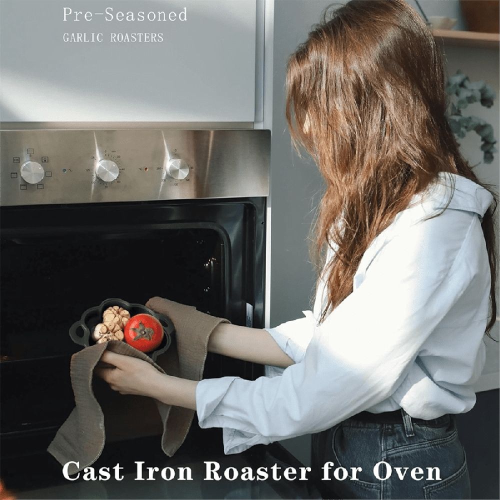Garlic Roaster Cast Iron Pan with Dual Handles for Grill and BBQ, Pre-Seasoned, Oven Safe
