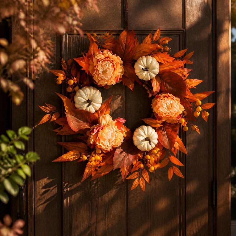 Christmas Artificial Front Door Wreath with LED Lights, Pumpkins and Maple Leaves, Reusable Hanging Decoration for Front Doors, Walls and Mantels, Ready-to-Display Reusable Ornament, Style D