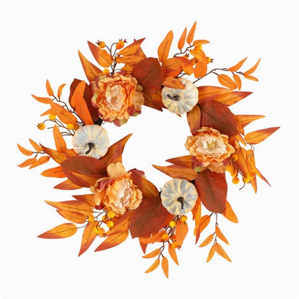Christmas Artificial Front Door Wreath with LED Lights, Pumpkins and Maple Leaves, Reusable Hanging Decoration for Front Doors, Walls and Mantels, Ready-to-Display Reusable Ornament, Style D