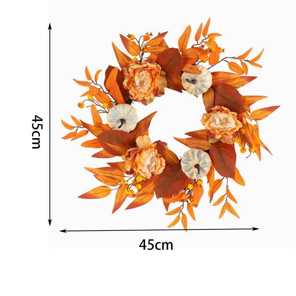 Christmas Artificial Front Door Wreath with LED Lights, Pumpkins and Maple Leaves, Reusable Hanging Decoration for Front Doors, Walls and Mantels, Ready-to-Display Reusable Ornament, Style D
