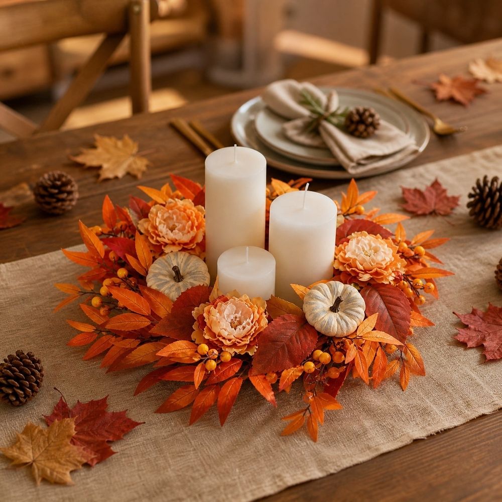 Christmas Artificial Front Door Wreath with LED Lights, Pumpkins and Maple Leaves, Reusable Hanging Decoration for Front Doors, Walls and Mantels, Ready-to-Display Reusable Ornament, Style D