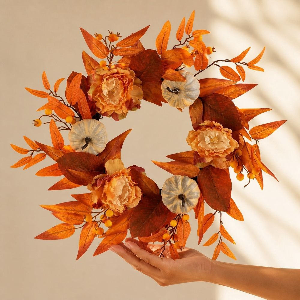 Christmas Artificial Front Door Wreath with LED Lights, Pumpkins and Maple Leaves, Reusable Hanging Decoration for Front Doors, Walls and Mantels, Ready-to-Display Reusable Ornament, Style D
