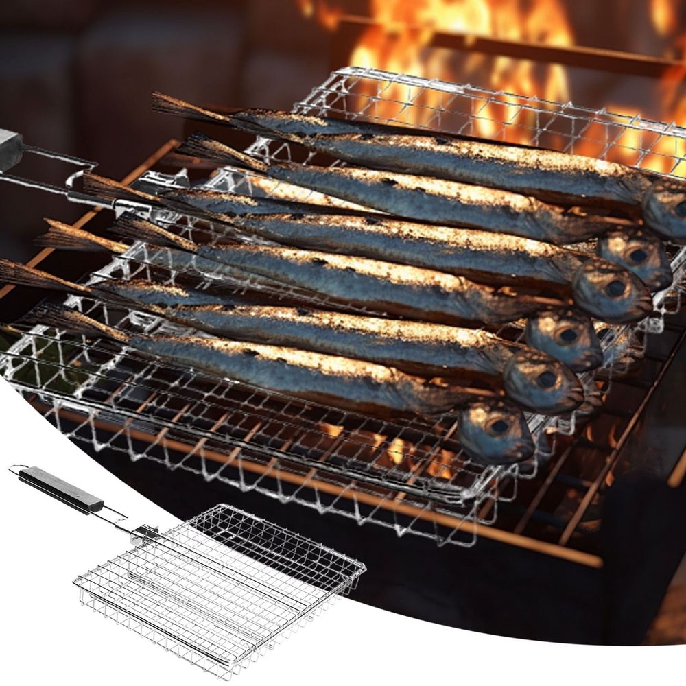 Extra Large Grill Basket for BBQ – Heavy-Duty Stainless Steel Grill Accessories for Fish, Shrimp, Vegetables & Meat – Non-Stick Camping Cooking Basket with Detachable Handle