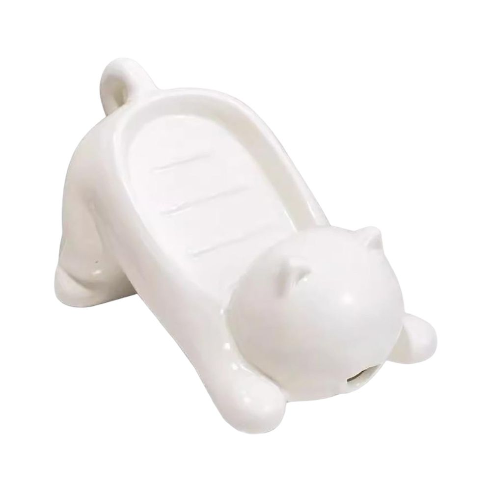 Creative Cat Soap Dish with Drain - Ceramic Self Draining Soap Holder for Shower, Bathroom & Kitchen - Cute Cat Themed Soap Tray Container for Bar Soap (White)