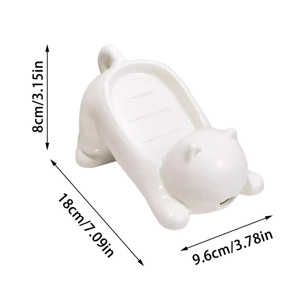 Creative Cat Soap Dish with Drain - Ceramic Self Draining Soap Holder for Shower, Bathroom & Kitchen - Cute Cat Themed Soap Tray Container for Bar Soap (White)
