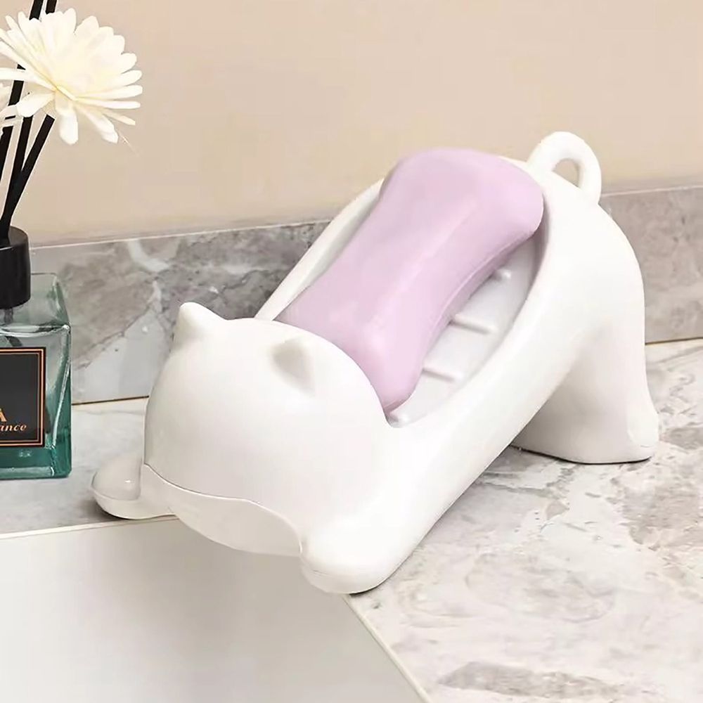 Creative Cat Soap Dish with Drain - Ceramic Self Draining Soap Holder for Shower, Bathroom & Kitchen - Cute Cat Themed Soap Tray Container for Bar Soap (White)