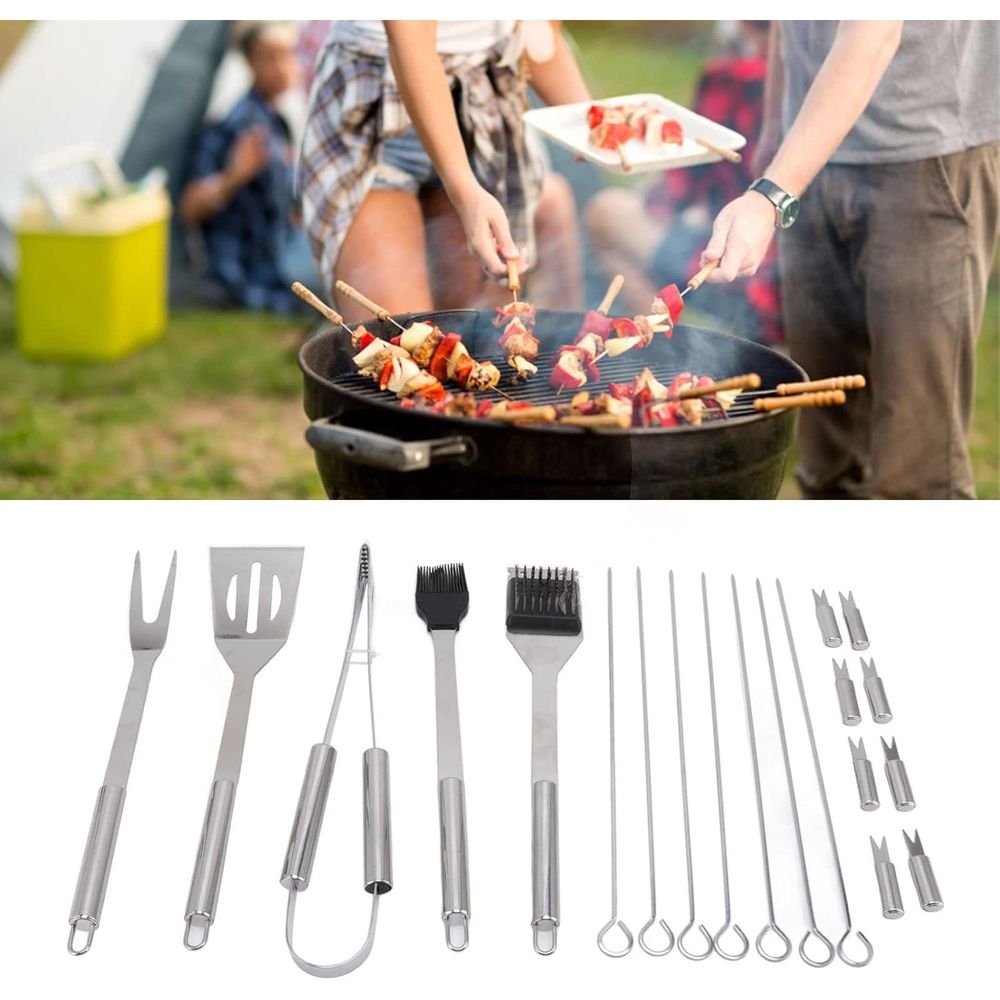 20-Piece Stainless Steel BBQ Grill Tools Set - Professional Barbecue Accessories Kit with Canvas Bag - Outdoor Cooking Utensils for Camping, Backyard Grilling