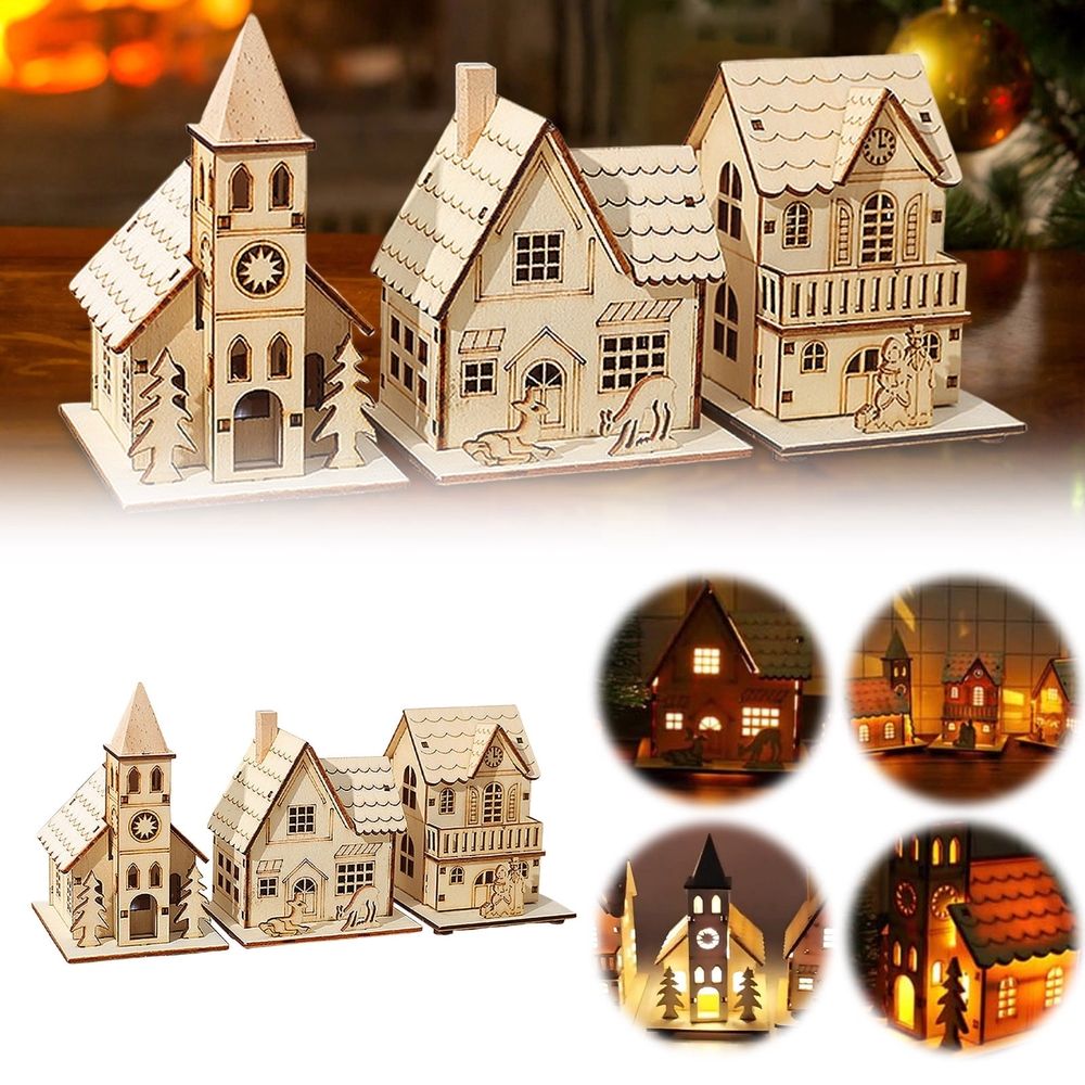 Christmas Light Up Wooden Houses - 3pcs Unfinished Wooden Village with LED Lights, Mini House Desktop Decor for Xmas Landscape, Centerpieces, and Anthropology Home Decor