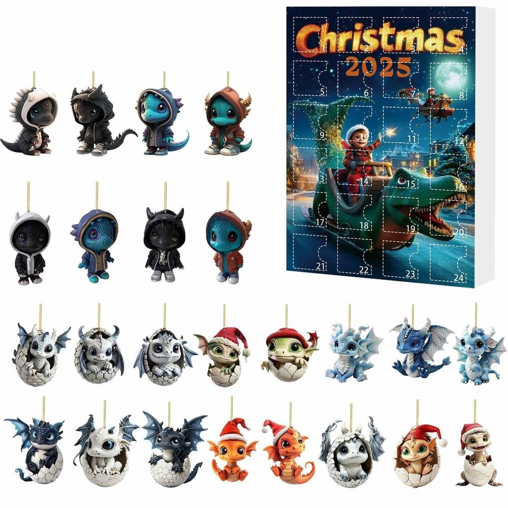 Advent Calendar Dragon 24 Days Christmas Countdown Set with Dragon Ornaments Pendants Xmas Tree Decor Christmas Vacation Decor for Kids Adults Holiday Collectible