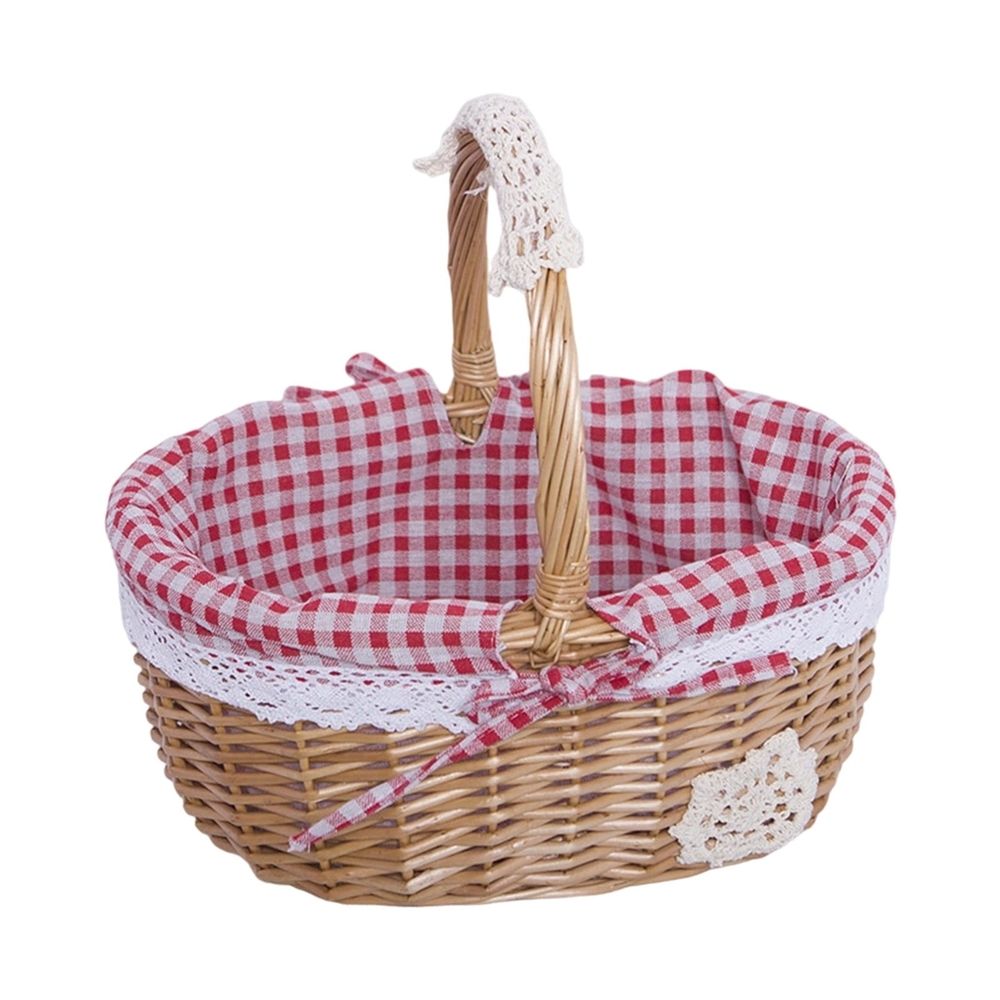 Natural Wicker Basket with Double Handles & Washable Gingham Liner, Small Hand Woven Empty Basket for Easter Gifts, Picnics, Home Decor, Candy Fruit Storage