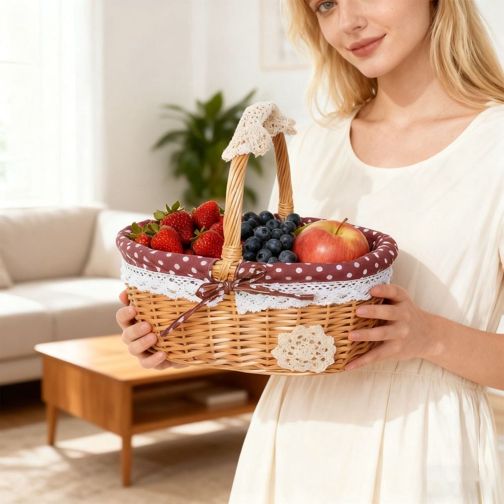 Natural Wicker Basket with Double Handles & Washable Gingham Liner, Small Hand Woven Empty Basket for Easter Gifts, Picnics, Home Decor, Candy Fruit Storage