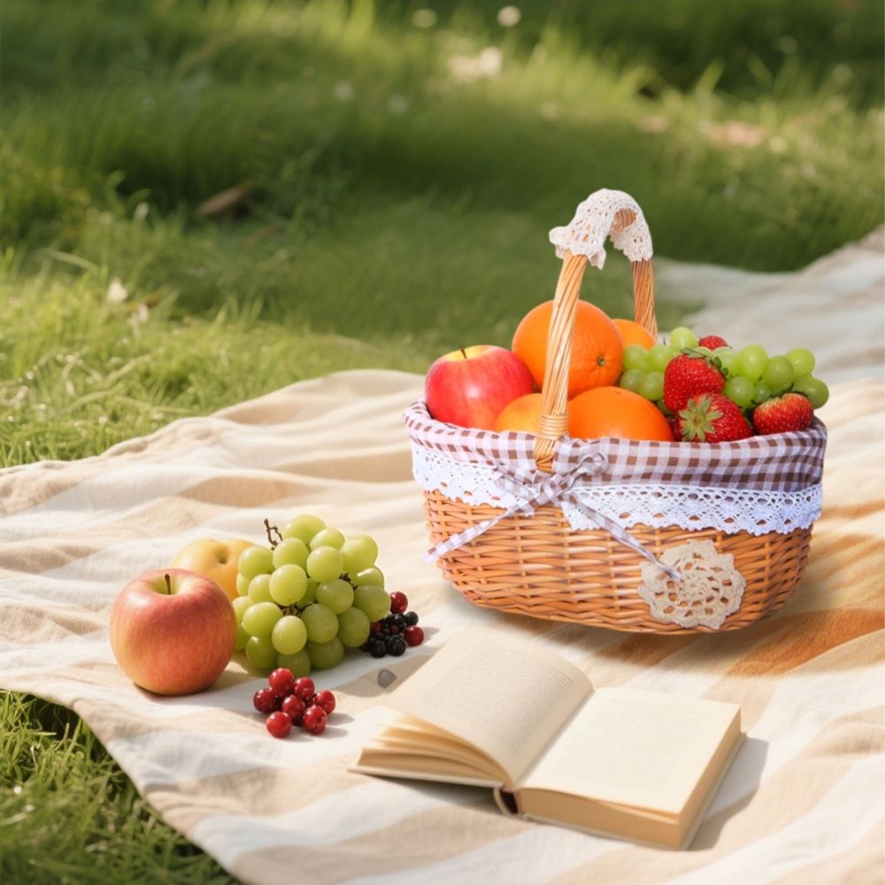 Natural Wicker Basket with Double Handles & Washable Gingham Liner, Small Hand Woven Empty Basket for Easter Gifts, Picnics, Home Decor, Candy Fruit Storage