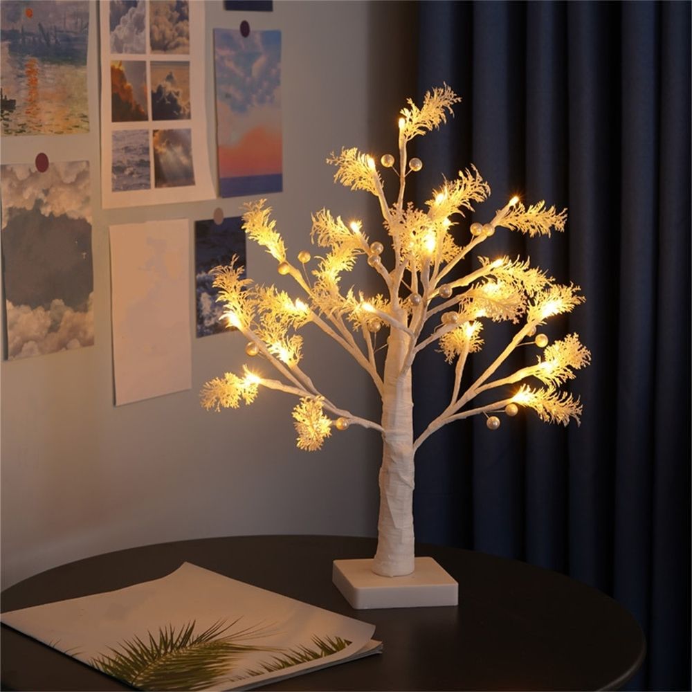 Lighted Birch Tree 18 Inch - LED Fairy Light Spirit Tree with Green Leaves for Indoor Decor, USB/Battery Powered with Timer, Magical Tabletop Lamp for Christmas, Wedding, Office & Home Decorations