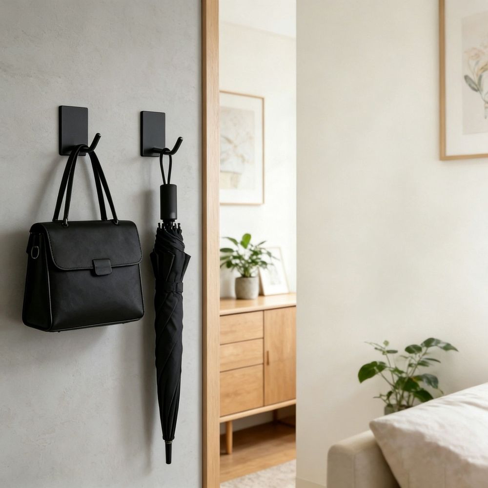 Adhesive Hooks Heavy Duty, Long Stainless Steel Self Adhesive Wall Hook, Sticky Towel Hangers for Kitchen Bathroom, Waterproof Stick on Door Hooks for Hanging Key Hat Coat 1Pack(Black)