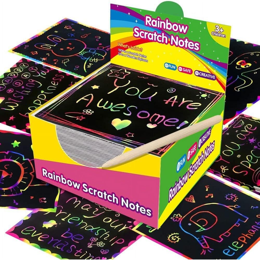 100 Pcs Rainbow Scratch Art Paper, Bulk Classroom Prizes & Activities, Teacher Supplies, Party Favors, DIY Art Set for Creative Projects.