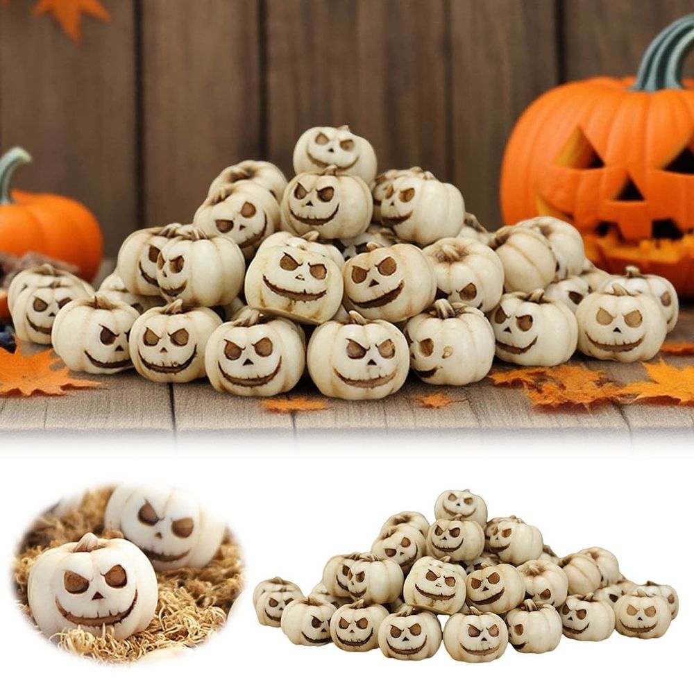 1 Pcs Halloween Mini Pumpkin Decorations, Halloween Fish Tank Decor, Spooky Smiling Face Mini Pumpkins, Jack-O'-Lantern Miniature Vase Fillers, White Resin Artificial Figurines