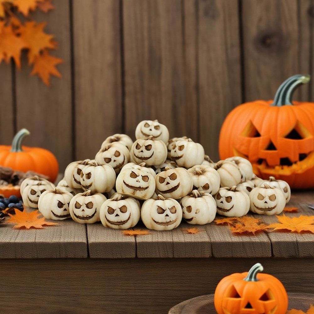 1 Pcs Halloween Mini Pumpkin Decorations, Halloween Fish Tank Decor, Spooky Smiling Face Mini Pumpkins, Jack-O'-Lantern Miniature Vase Fillers, White Resin Artificial Figurines