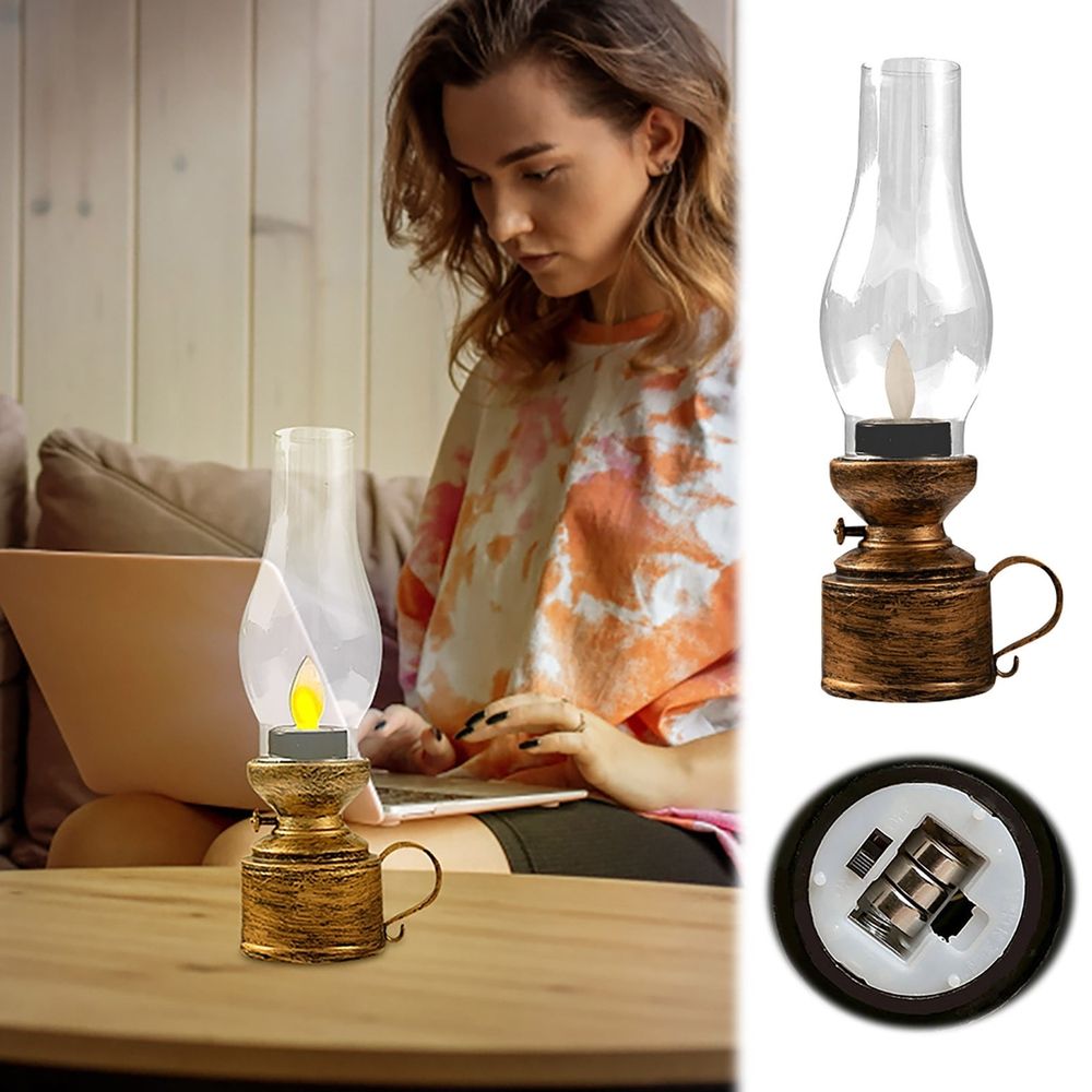 Dimmable Flameless LED Retro Kerosene Lamp, Battery Powered Vintage Oil Table Lamp For Bedroom Home Holiday Decor