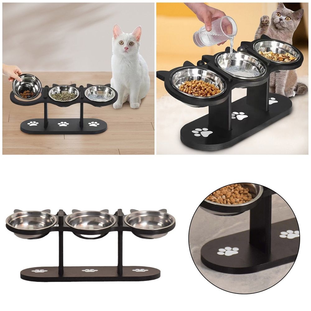 Elevated 3-Bowl Pet Feeder,15æ\x8e³ Tilted Adjustable Height Stand with Stainless Steel Bowls,Non- Base for Cats and Small Dogs,16.5x6.3in