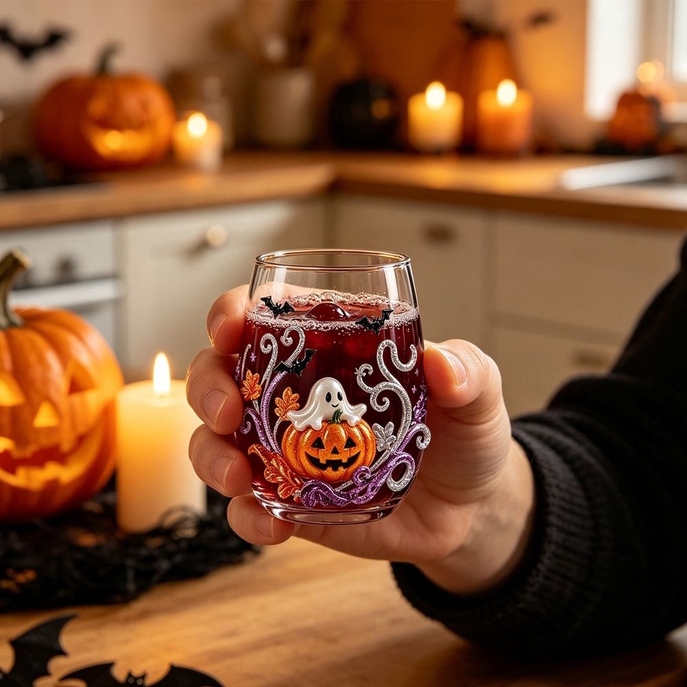 15oz Halloween Printed Stemless Wine Glass, Spooky Pumpkin Ghost Owl Tumbler Cup Fall Party Drinkware