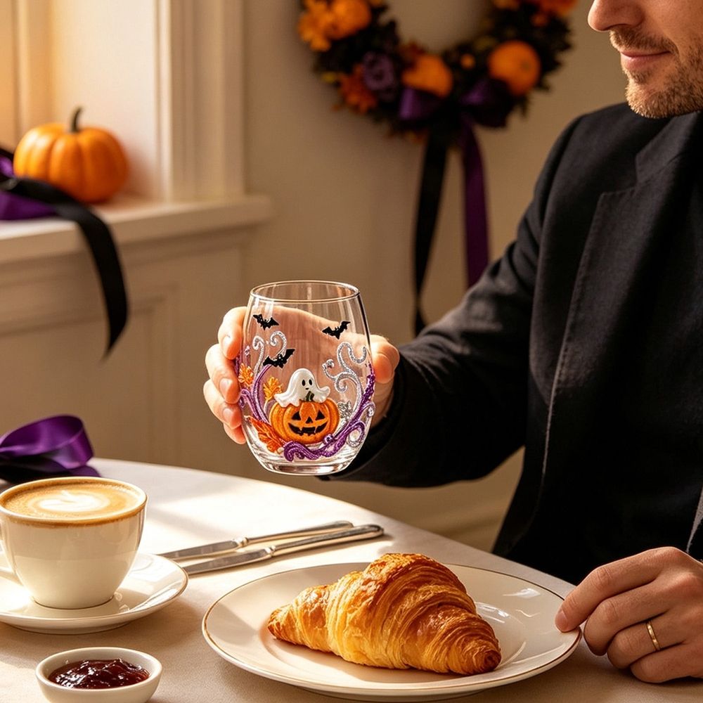 15oz Halloween Printed Stemless Wine Glass, Spooky Pumpkin Ghost Owl Tumbler Cup Fall Party Drinkware